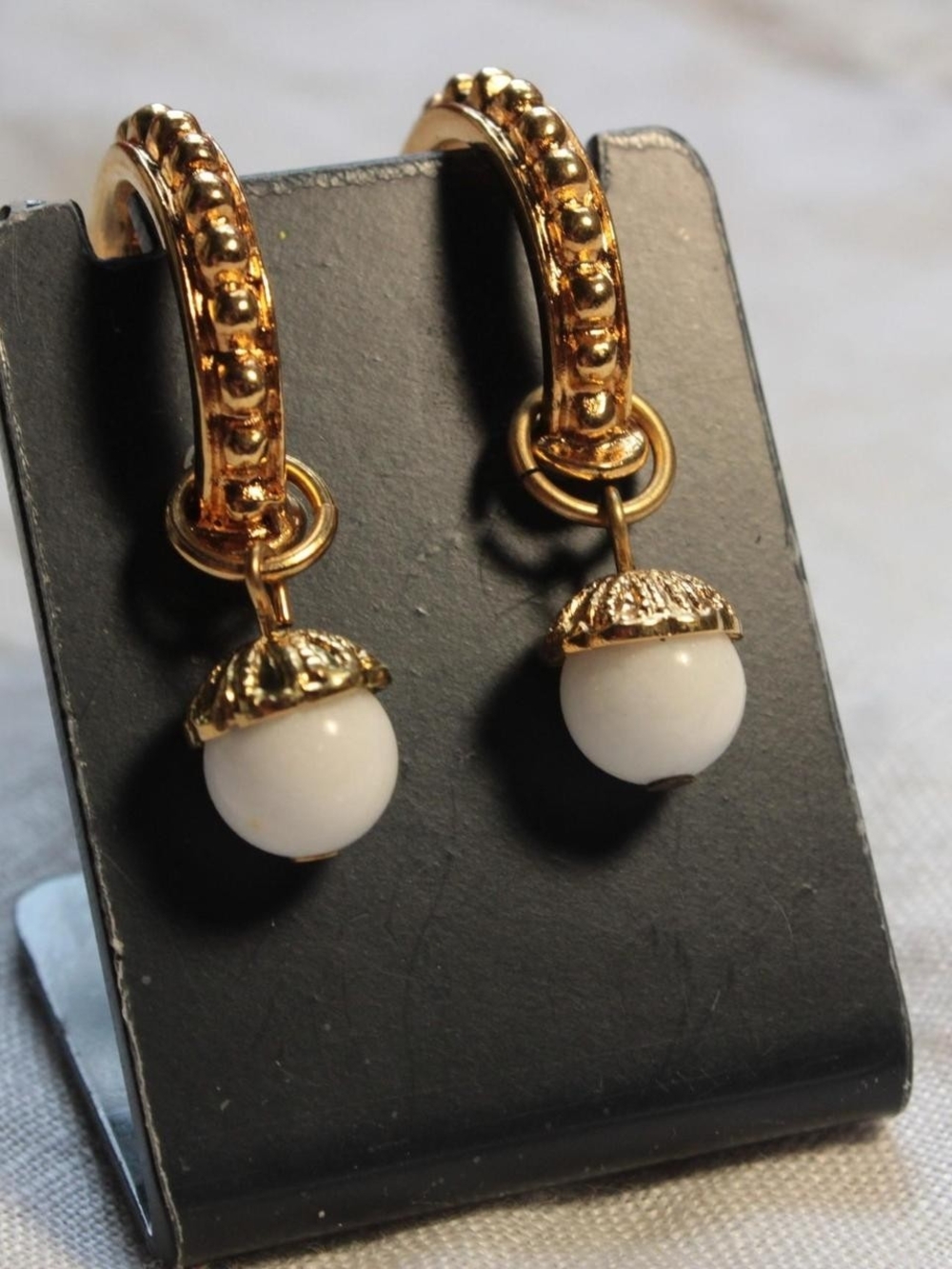 Gold Hoop Earrings with White Bead Drops - Women's Jewelry